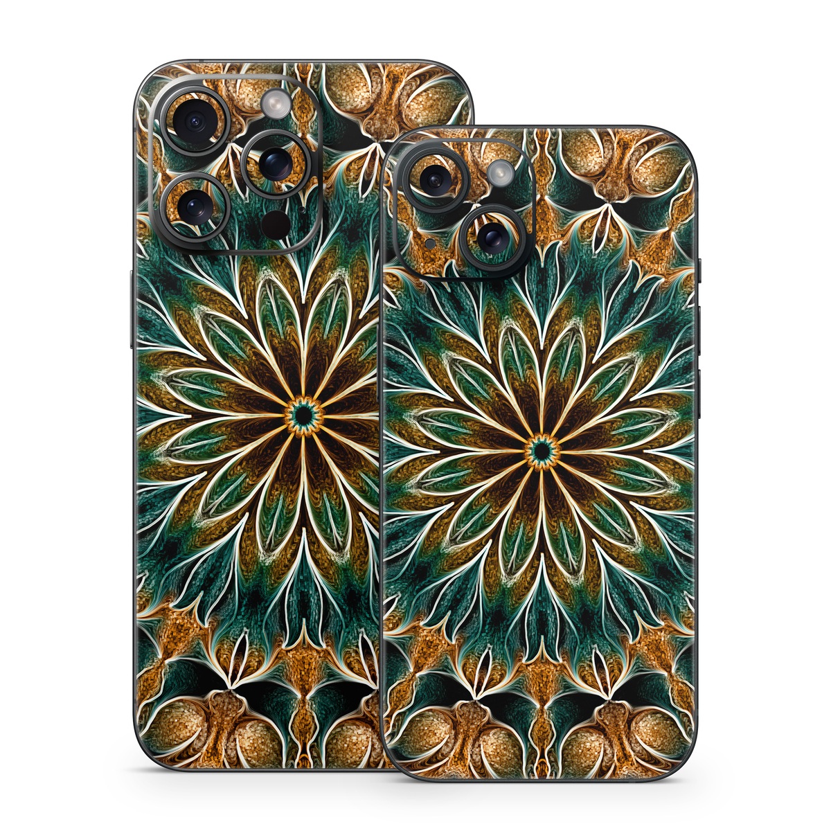 iPhone 15 Series Skin design of Pattern, Symmetry, Textile, Art, Psychedelic art, Tapestry, Design, Visual arts, Kaleidoscope, Motif, with green, orange, yellow, brown, red colors
