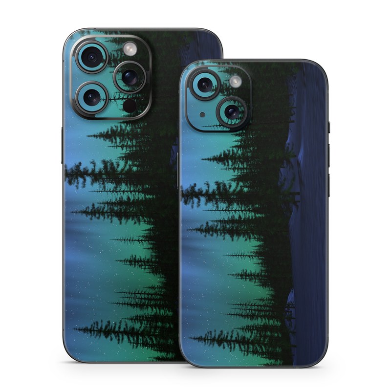 iPhone 15 Series Skin design of Aurora, Nature, Sky, shortleaf black spruce, Natural landscape, Tree, Wilderness, Natural environment, Biome, Spruce-fir forest, with blue, purple, green, black colors