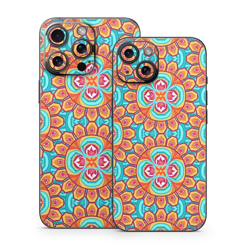 iPhone 15 Series Skin design of Pattern, Orange, Design, Textile, Wrapping paper, Visual arts, Motif, Circle, Art, with blue, orange, red, yellow colors