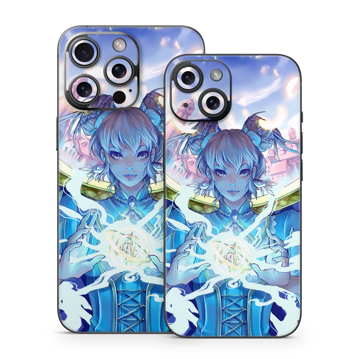 iPhone 15 Series Skin design of Cg artwork, Anime, Cartoon, Sky, Long hair, Illustration, Fictional character, Black hair, Art, with blue, purple, pink, white, yellow colors
