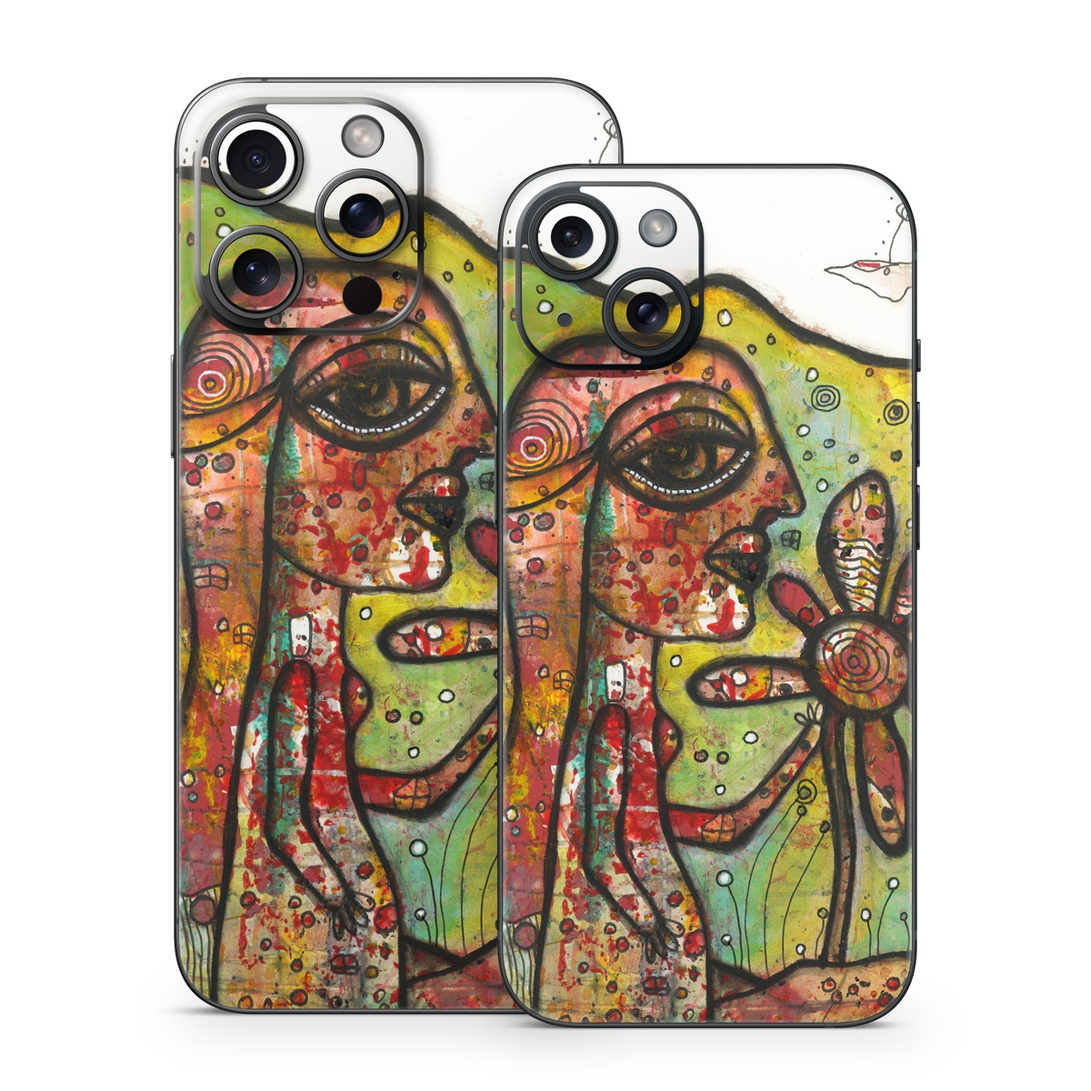 iPhone 15 Series Skin design of Modern art, Art, Painting, Acrylic paint, Psychedelic art, Visual arts, Watercolor paint, Illustration, Paint, Style, with green, black, red, white, orange, yellow colors