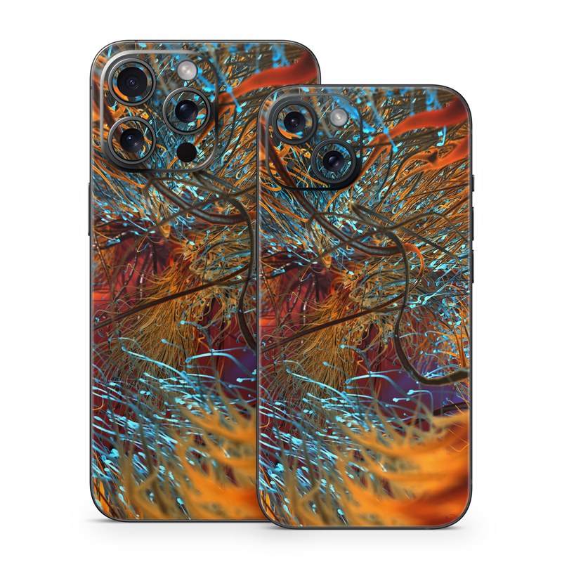 iPhone 15 Series Skin design of Orange, Tree, Electric blue, Organism, Fractal art, Plant, Art, Graphics, Space, Psychedelic art, with orange, blue, red, yellow, purple colors