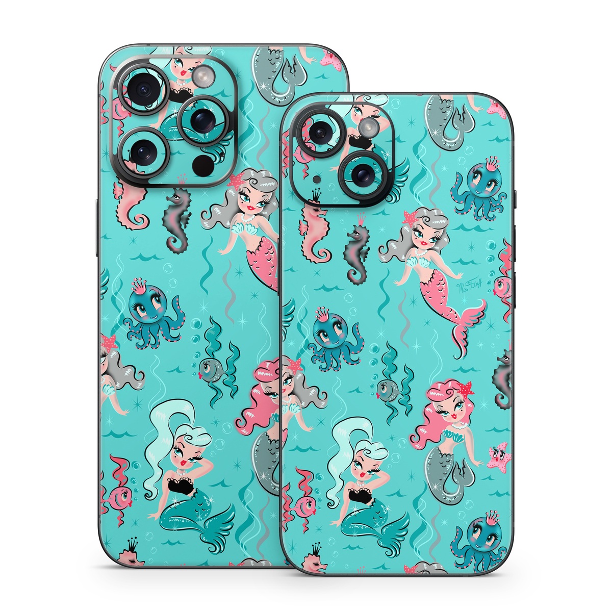 iPhone 15 Series Skin design of Turquoise, Wrapping paper, Cartoon, Pattern, Textile, Aqua, Design, Gift wrapping, Illustration, Fictional character, with blue, pink, yellow, gray colors