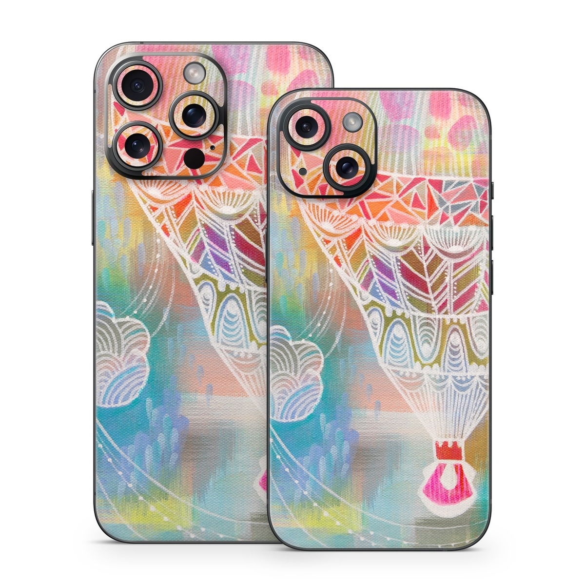 iPhone 15 Series Skin design of Hot air balloon, Balloon, Illustration, Pattern, Vehicle, Aerostat, Hot air ballooning, Graphic design, Art, with blue, red, yellow, pink, white colors