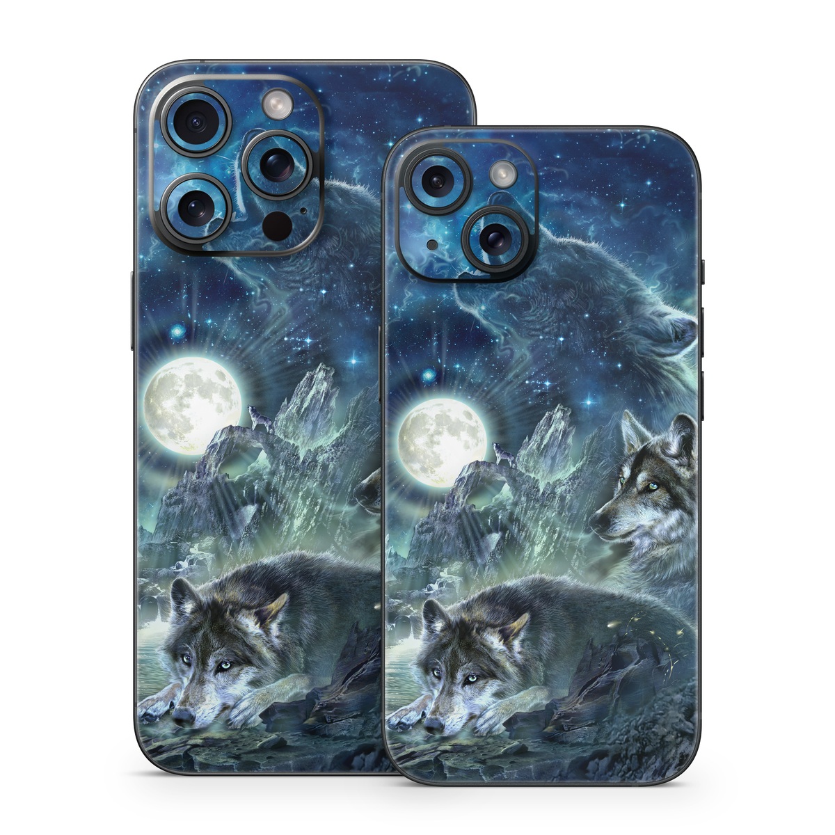 iPhone 15 Series Skin design of Cg artwork, Fictional character, Darkness, Werewolf, Illustration, Wolf, Mythical creature, Graphic design, Dragon, Mythology, with black, blue, gray, white colors