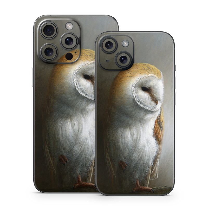 iPhone 15 Series Skin design of Barn owl, Owl, Bird, Bird of prey, Beak, Wildlife, with yellow, white, orange, brown colors
