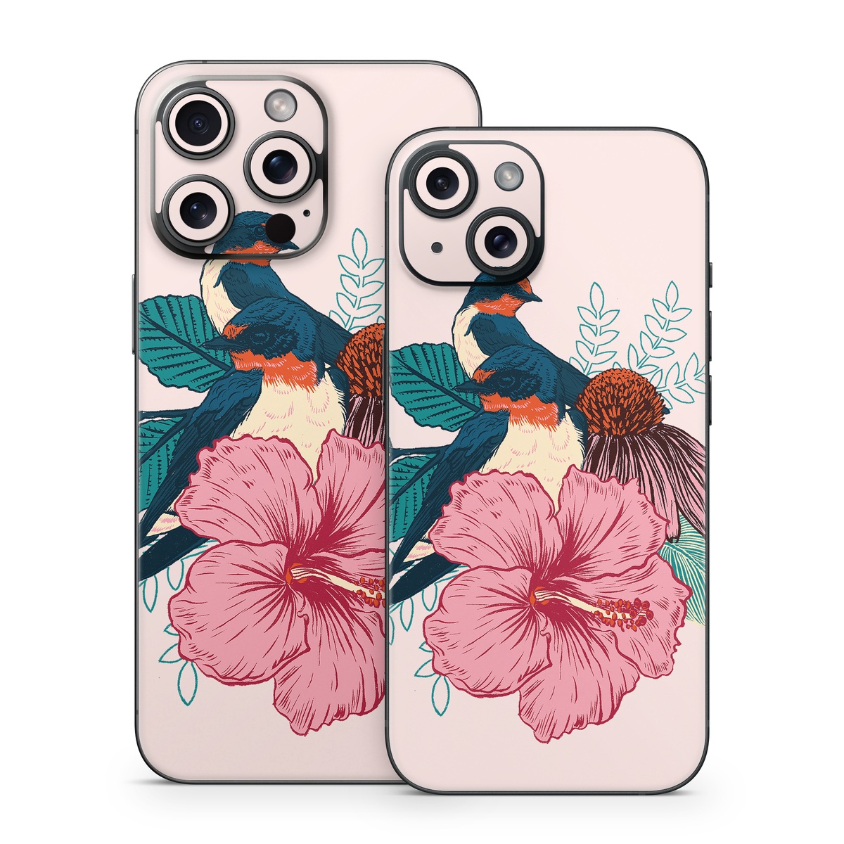 iPhone 15 Series Skin design of Bird, Hawaiian hibiscus, Hibiscus, Illustration, Chinese hibiscus, Botany, Flower, Plant, Malvales, Mallow family, with blue, pink, green, yellow, red colors