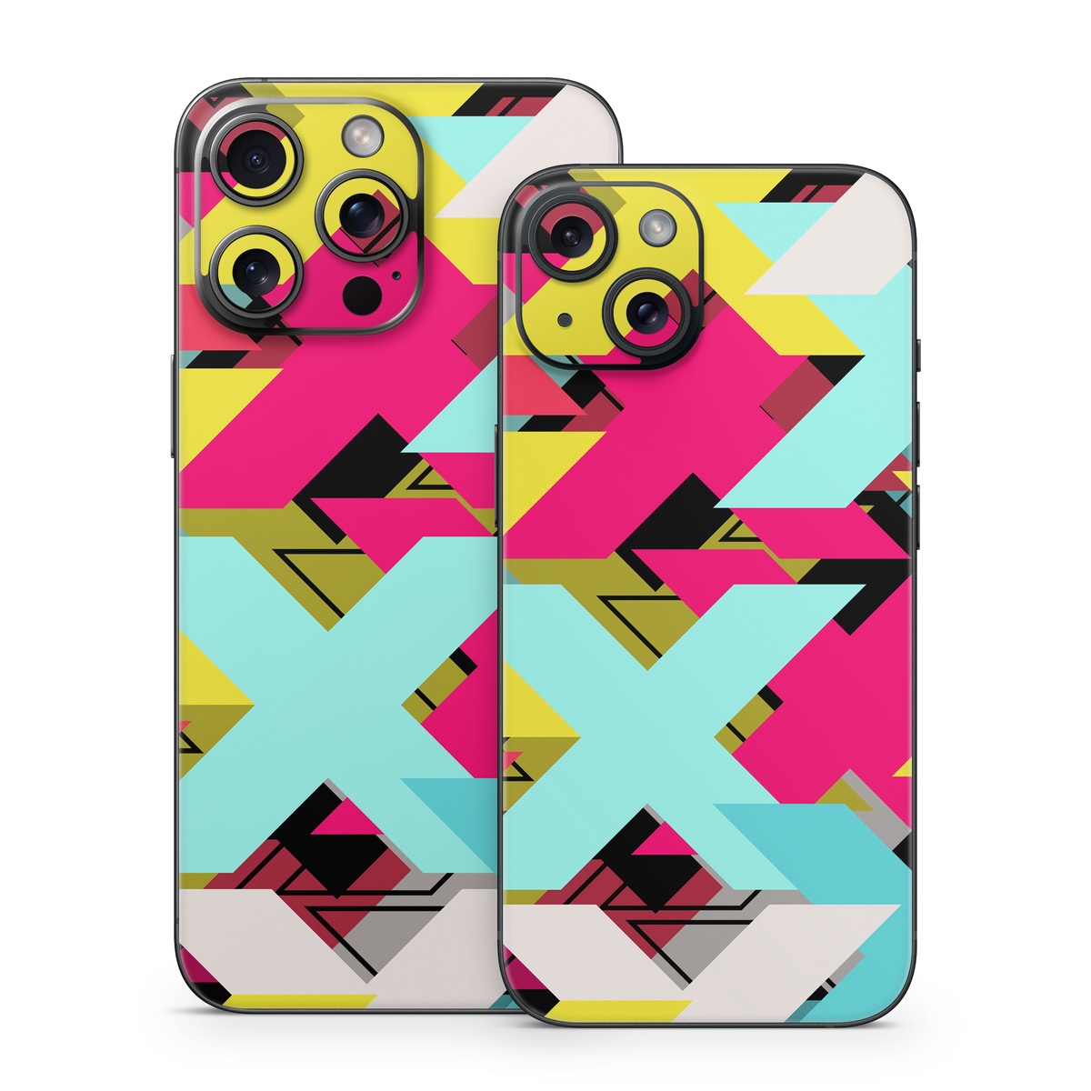 iPhone 15 Series Skin design of Pattern, Graphic design, Line, Design, Triangle, Font, Illustration, Magenta, Visual arts, with yellow, blue, white, black, red, pink colors