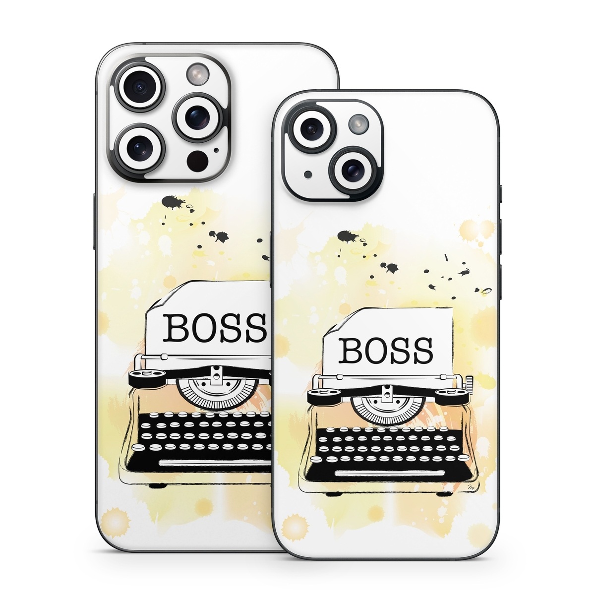 iPhone 15 Series Skin design of Font, Office equipment, Art, Typewriter, Illustration, Graphics, Painting, Eyelash, Logo, Line art, with white, black, yellow, orange colors