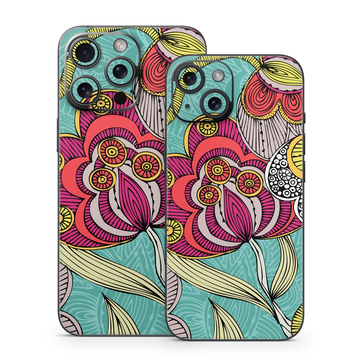 iPhone 15 Series Skin design of Pattern, Visual arts, Motif, Floral design, Design, Art, Plant, Flower, Organism, Textile, with red, yellow, blue, gray, pink colors