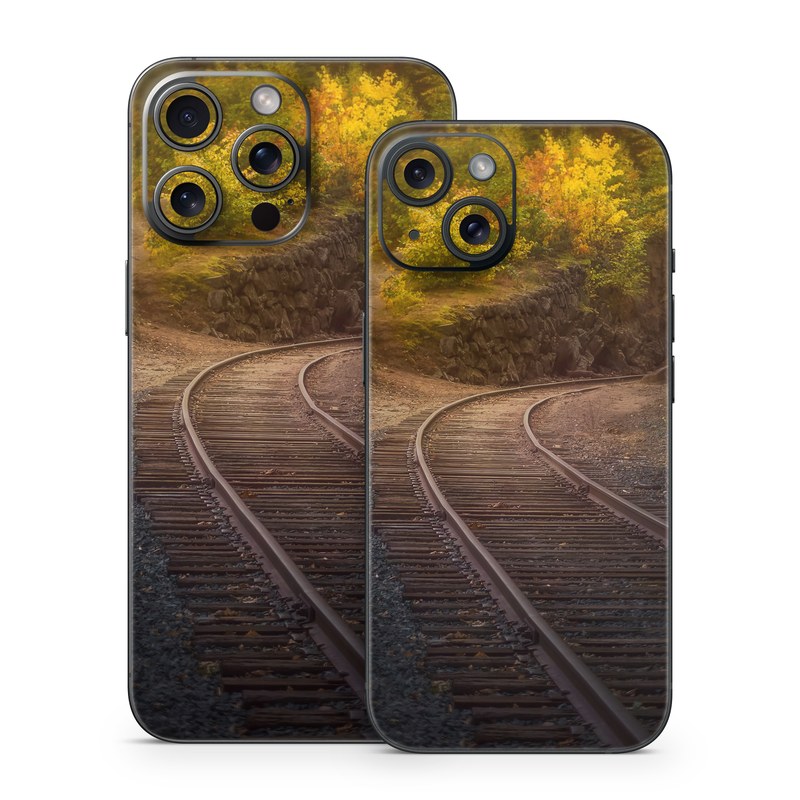 iPhone 15 Series Skin design of Plant, Wood, Branch, Natural landscape, Road surface, Track, Grass, Tree, Thoroughfare, Twig, with brown, gray, yellow, orange, green, red colors