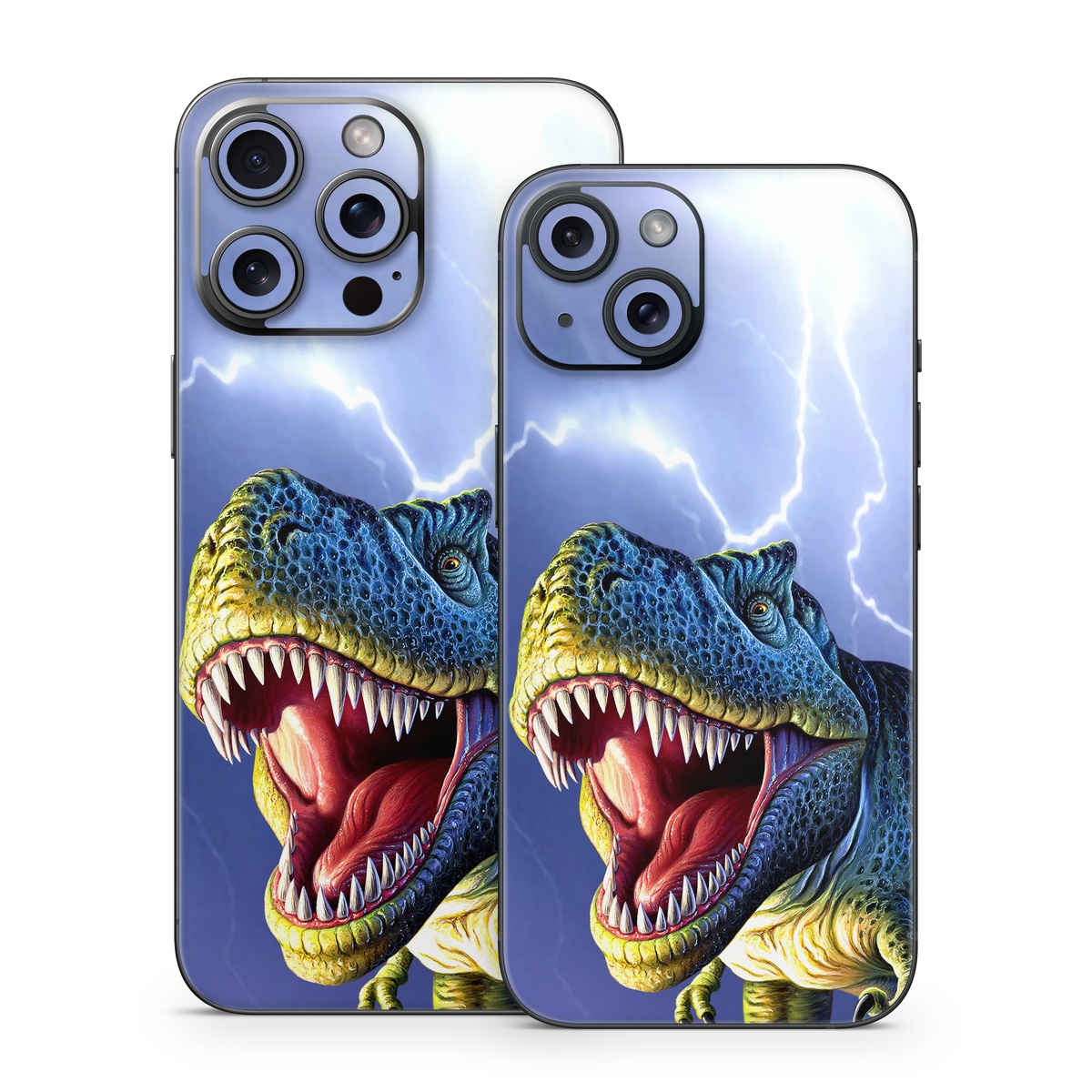 iPhone 15 Series Skin design of Dinosaur, Extinction, Tyrannosaurus, Velociraptor, Tooth, Jaw, Organism, Mouth, Fictional character, Art, with blue, green, yellow, orange, red colors