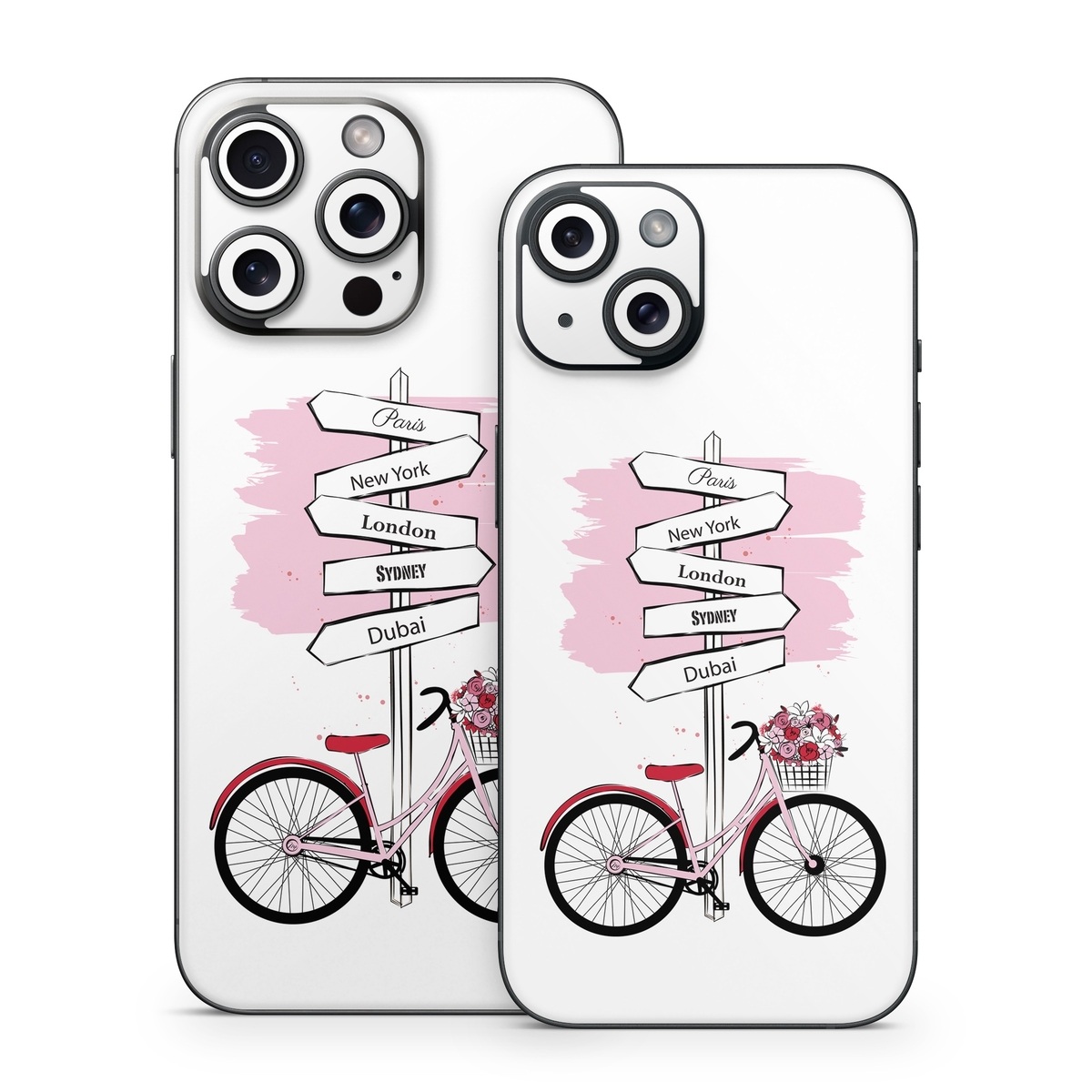 iPhone 15 Series Skin design of Bicycle, Wheel, Bicycles--Equipment and supplies, Tire, Bicycle tire, Bicycle frame, Bicycle wheel, Bicycle wheel rim, Vehicle, Bicycle fork, with white, black, red, pink colors