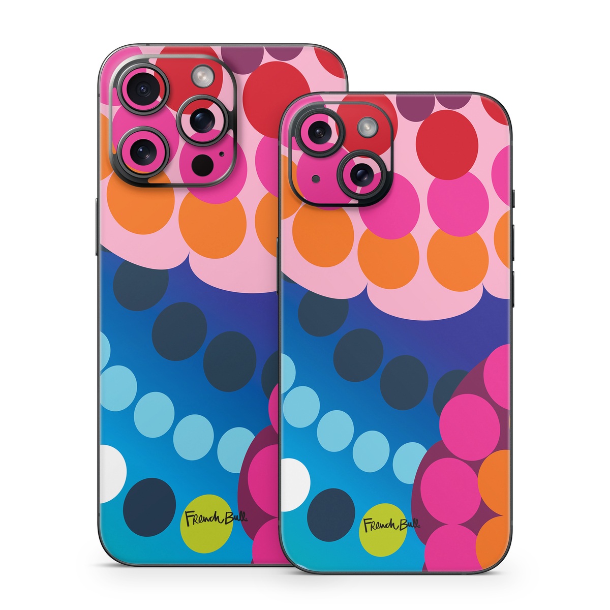 iPhone 15 Series Skin design of Pattern, Circle, Orange, Colorfulness, Design, Line, Polka dot, Graphic design, Graphics, Heart, with blue, green, pink, orange, purple colors