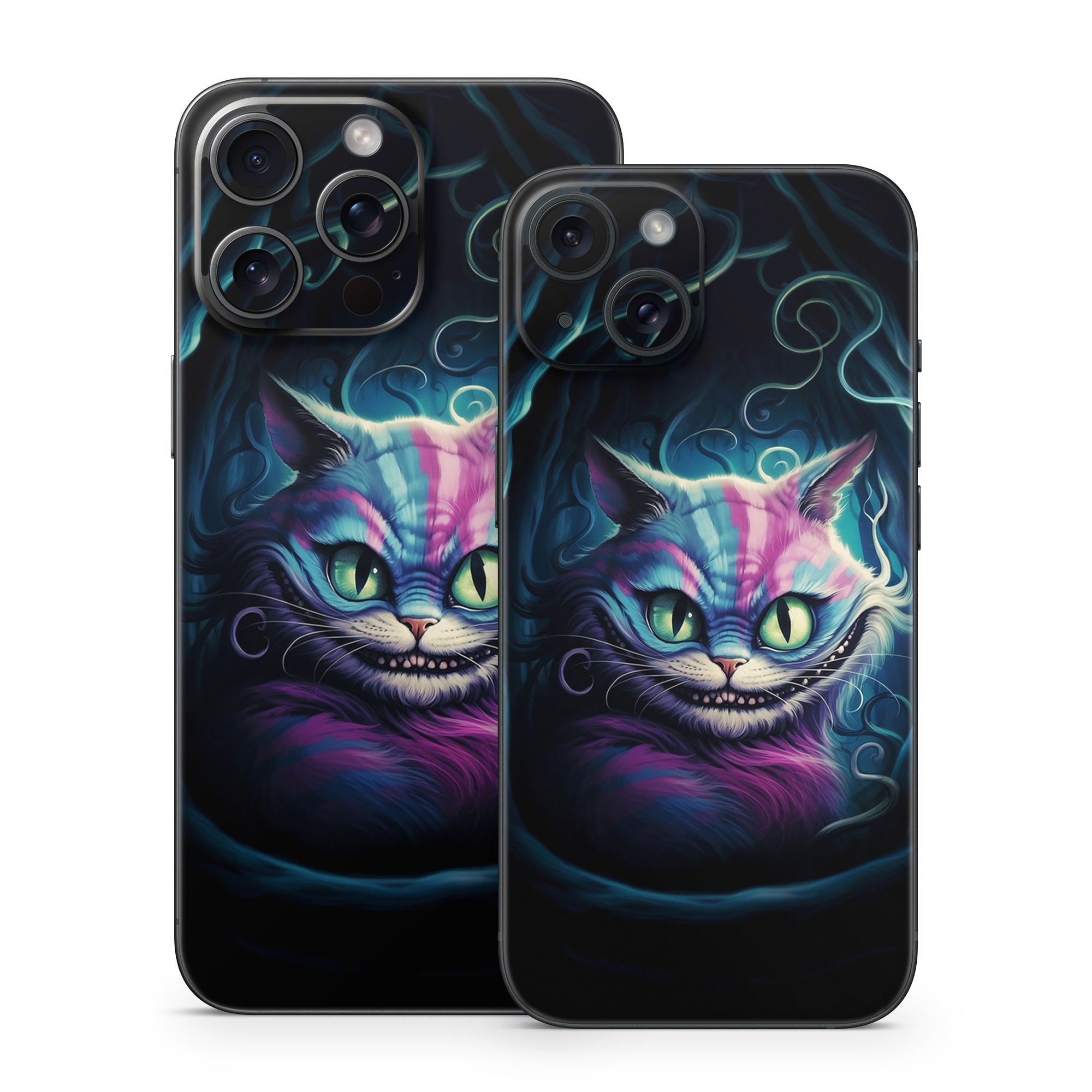 iPhone 15 Series Skin design of Roar, Liquid, Art, Creative arts, Electric blue, Felidae, Gas, Darkness, Magenta, Whiskers, with black, blue, purple, green, gray colors
