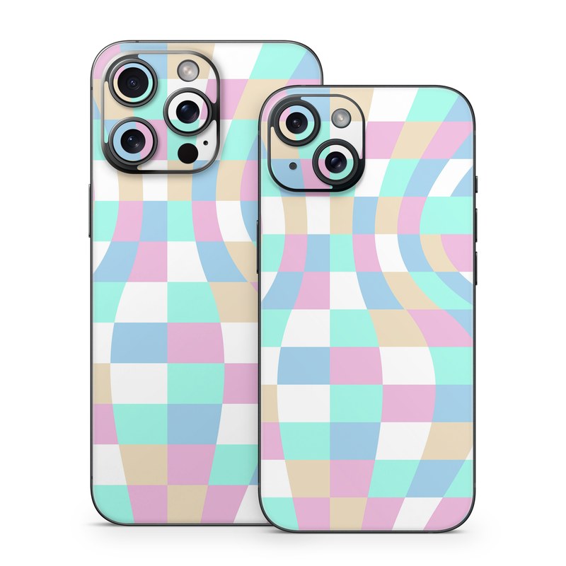 iPhone 15 Series Skin design of Azure, Textile, Rectangle, Art, Pink, Painting, Aqua, Font, Magenta, Material property, with white, blue, pink colors