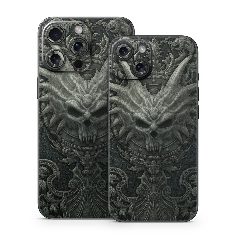 iPhone 15 Series Skin design of Demon, Dragon, Fictional character, Illustration, Supernatural creature, Drawing, Symmetry, Art, Mythology, Mythical creature, with black, gray colors