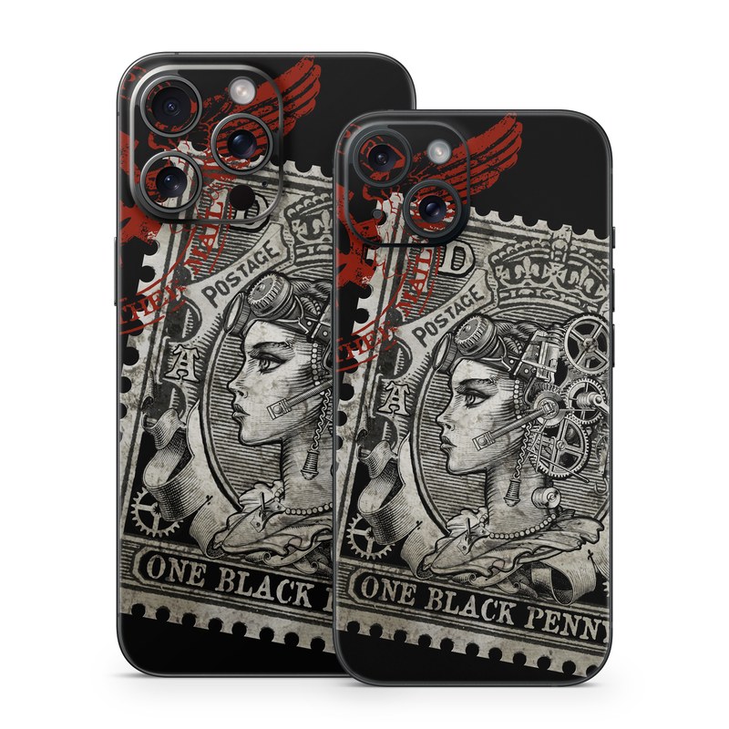 iPhone 15 Series Skin design of Font, Postage stamp, Illustration, Drawing, Art, with black, gray, red colors