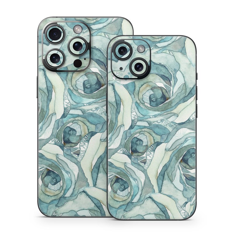 iPhone 15 Series Skin design of Rose, Garden roses, Blue, Flower, Rose family, Watercolor paint, Plant, Pattern, Rosa × centifolia, Blue rose, with blue, green colors