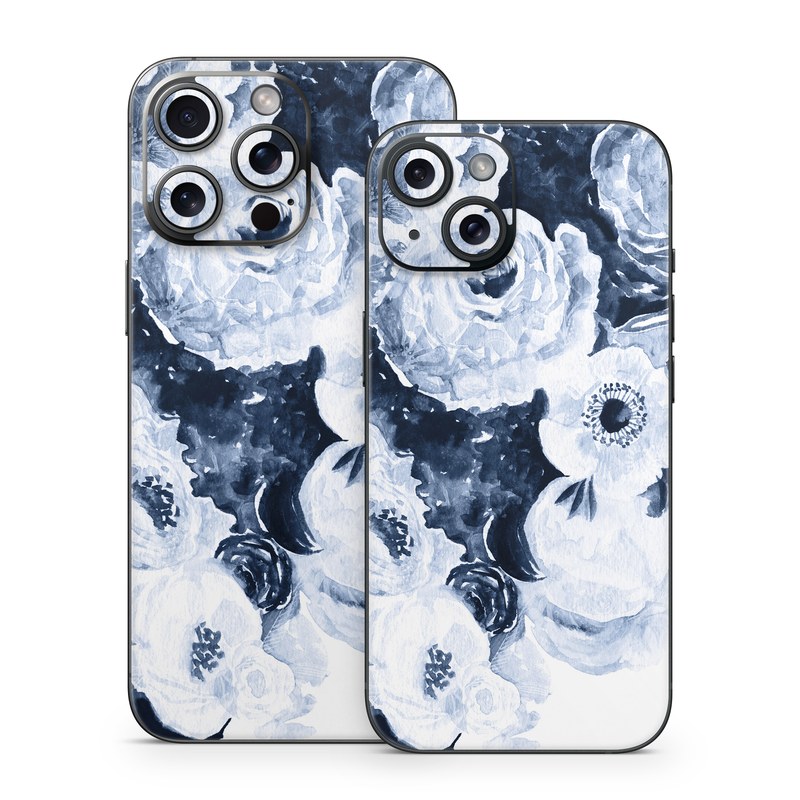 iPhone 15 Series Skin design of White, Flower, Cut flowers, Garden roses, Plant, Bouquet, Rose, Black-and-white, Rose family, Still life, with white, blue colors