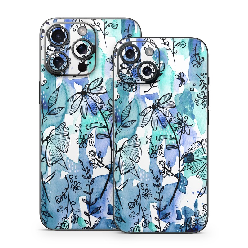 iPhone 15 Series Skin design of Blue, Pattern, Turquoise, Aqua, Design, Textile, Wildflower, Plant, Wrapping paper, Gift wrapping, with blue, white, black, purple colors