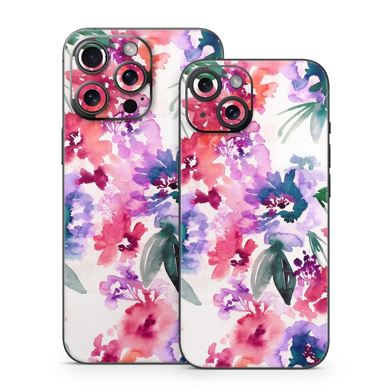 iPhone 15 Series Skin design of Purple, Pattern, Pink, Lilac, Violet, Flower, Watercolor paint, Floral design, Plant, Design, with green, pink, red, purple, white colors