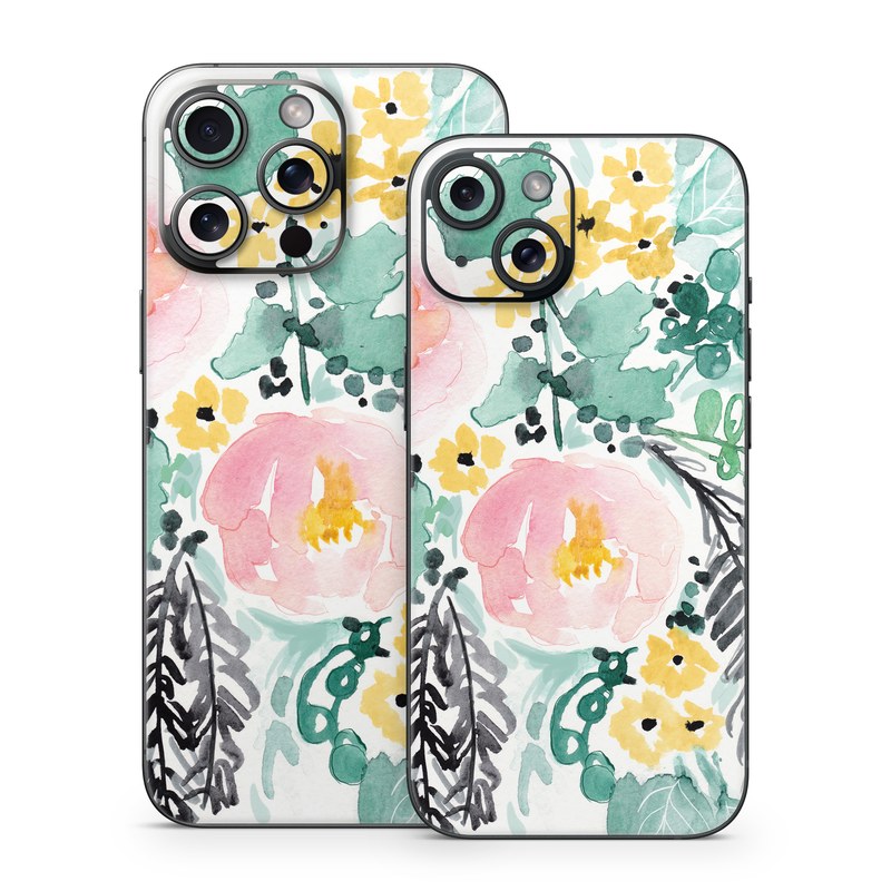 iPhone 15 Series Skin design of Branch, Clip art, Watercolor paint, Flower, Leaf, Botany, Plant, Illustration, Design, Graphics, with green, pink, red, orange, yellow colors