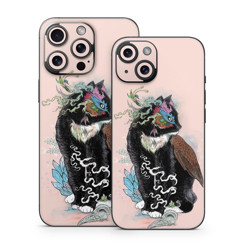 iPhone 15 Series Skin design of Illustration, Owl, Art, Graphic design, Cat, Tail, with pink, black, brown, red, green colors