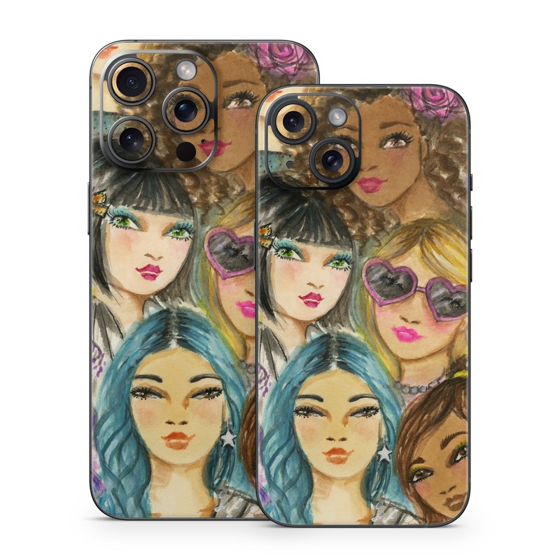 iPhone 15 Series Skin design of Face, Hair, Head, Art, Hair coloring, Cheek, Illustration, Human, Watercolor paint, Brown hair, with white, black, brown, yellow, purple, blue, pink colors