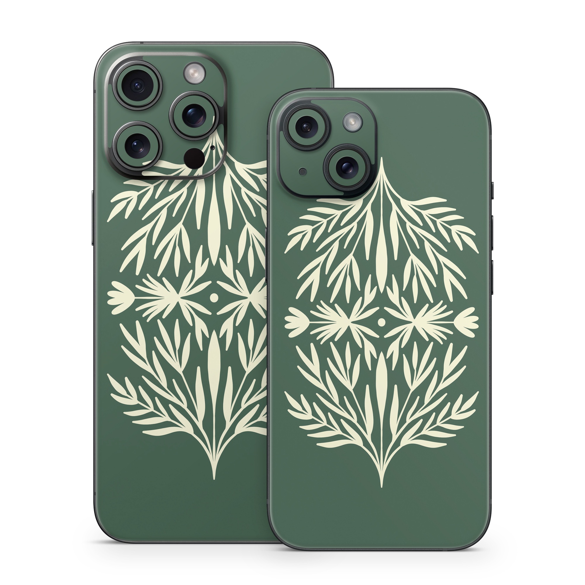 iPhone 15 Series Skin design of Plant, Terrestrial plant, Art, Triangle, Symmetry, Pattern, Electric blue, Graphics, Grass, Visual arts, with green, white colors