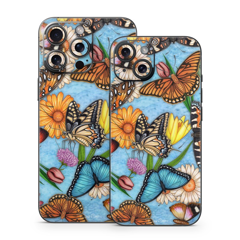 iPhone 15 Series Skin design of Cynthia (subgenus), Butterfly, Monarch butterfly, Moths and butterflies, Brush-footed butterfly, Pollinator, Insect, Pattern, Design, Organism, with blue, pink, orange, yellow, red colors