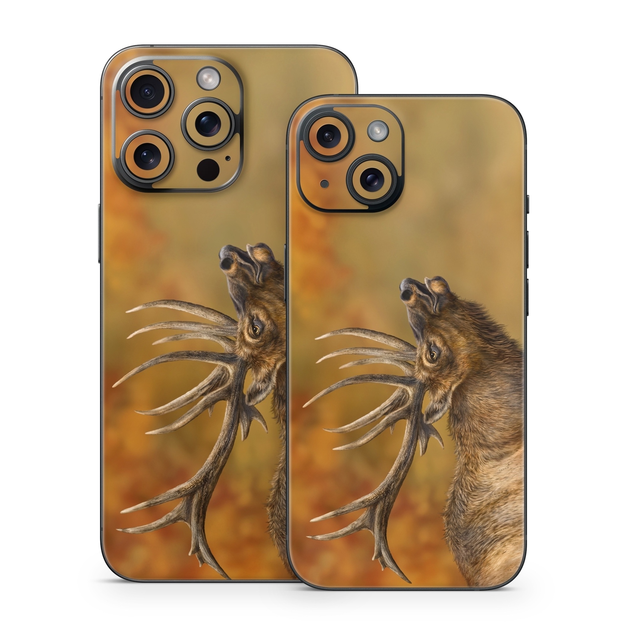 iPhone 15 Series Skin design of Head, Deer, Natural material, Barren ground Caribou, Fawn, Terrestrial animal, Horn, Elk, Snout, Reindeer, with brown, black, orange, yellow, gray colors