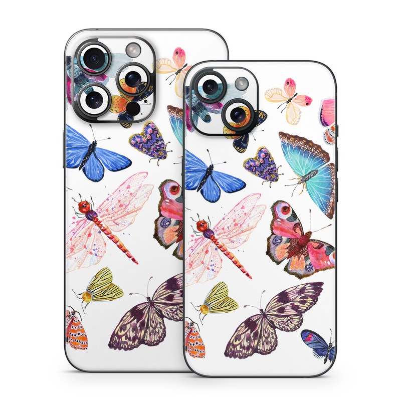 iPhone 15 Series Skin design of Butterfly, Pollinator, Insect, Arthropod, Organism, Moths and butterflies, Art, Symmetry, Wing, Illustration, with white, blue, green, red, yellow, orange, pink, brown, purple colors