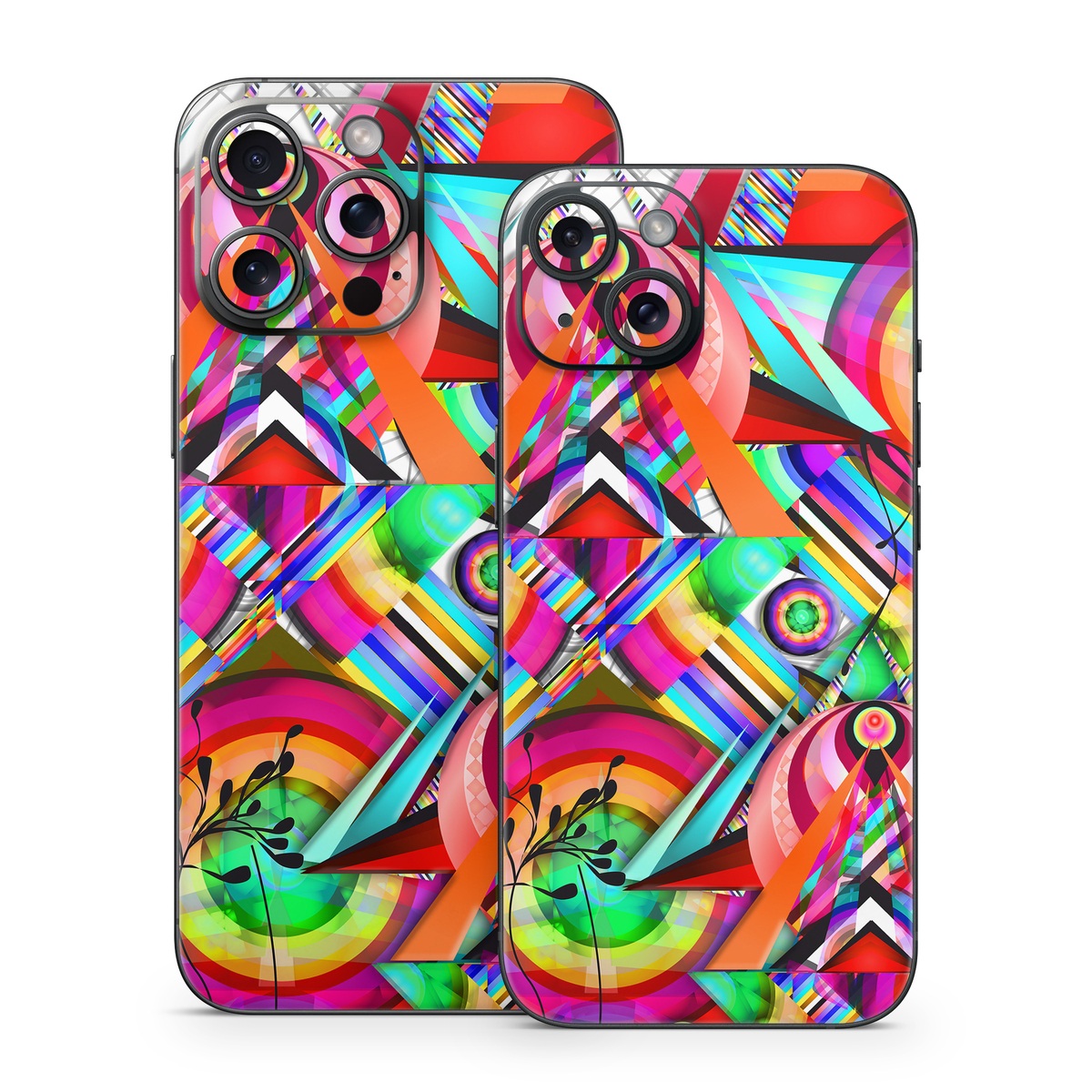 iPhone 15 Series Skin design of Psychedelic art, Pattern, Design, Graphic design, Colorfulness, Visual arts, Circle, Art, with red, pink, green, yellow, orange colors