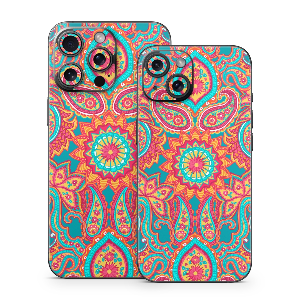 iPhone 15 Series Skin design of Pattern, Paisley, Motif, Visual arts, Design, Art, Textile, Psychedelic art, with orange, yellow, blue, red colors