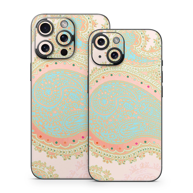 iPhone 15 Series Skin design of Pattern, Visual arts, Paisley, Pink, Design, Motif, Line, Wallpaper, Peach, with pink, blue, red colors