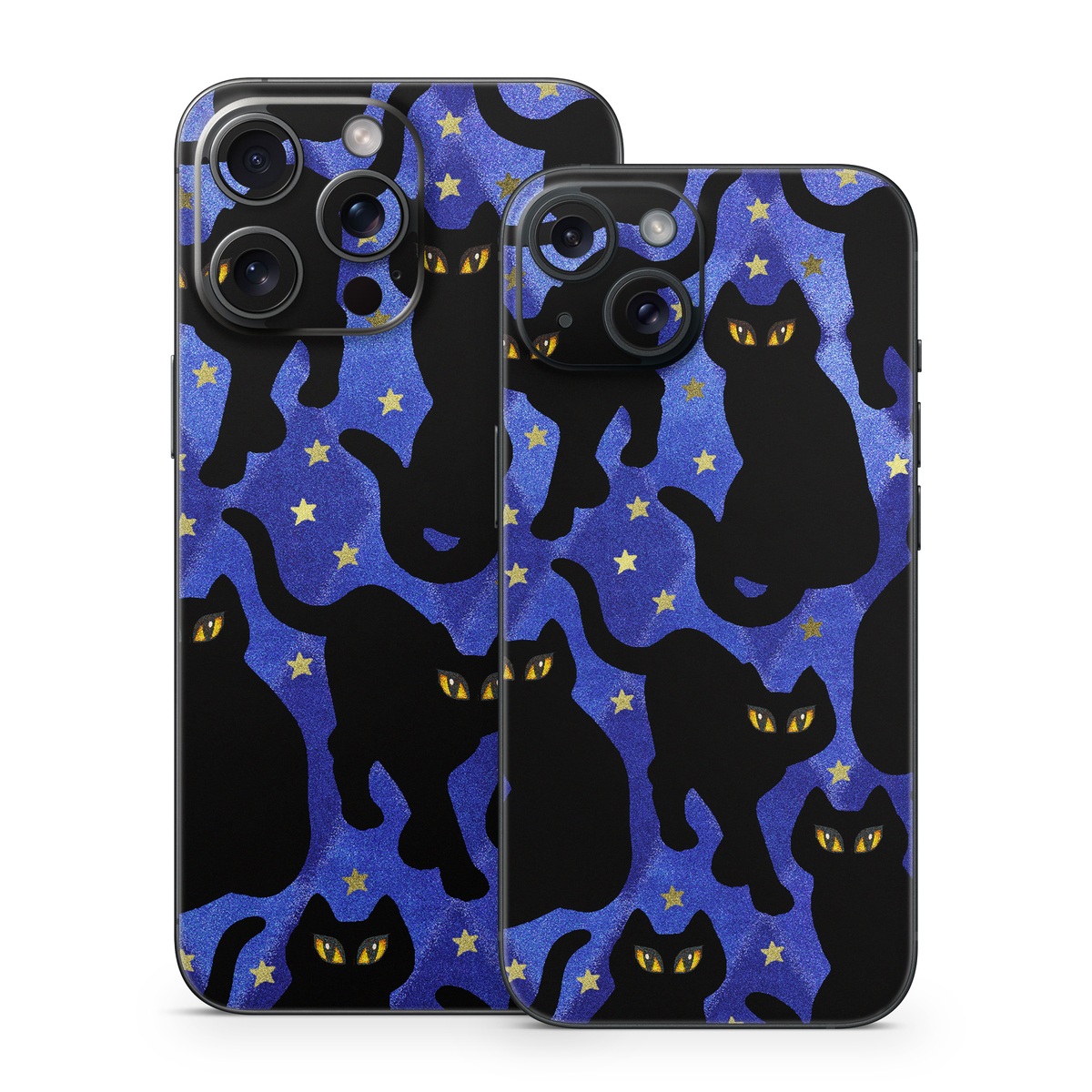 iPhone 15 Series Skin design of Black cat, Black, Cat, Small to medium-sized cats, Pattern, Felidae, Design, Electric blue, Illustration, Art, with black, blue, purple, yellow colors