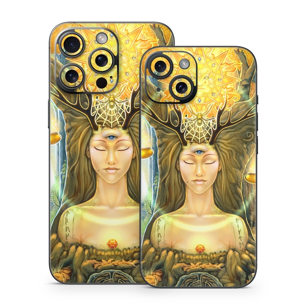 iPhone 15 Series Skin design of Painting, Art, Illustration, Plant, Fictional character, Mythology, Cg artwork, Visual arts, Glass, Drawing, with yellow, green, brown, pink, orange, black colors