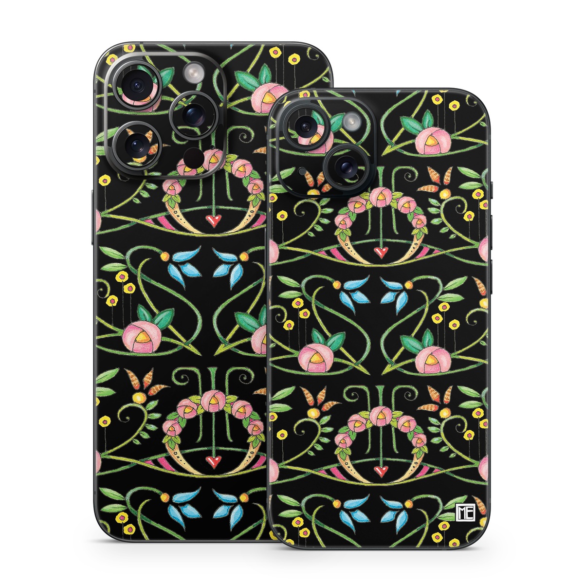 iPhone 15 Series Skin design of Flower, Rectangle, Textile, Ornament, Plant, Line, Motif, Creative arts, Art, Pattern, with black, pink, blue, green, yellow colors