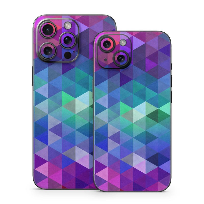 iPhone 15 Series Skin design of Purple, Violet, Pattern, Blue, Magenta, Triangle, Line, Design, Graphic design, Symmetry, with blue, purple, green, red, pink colors