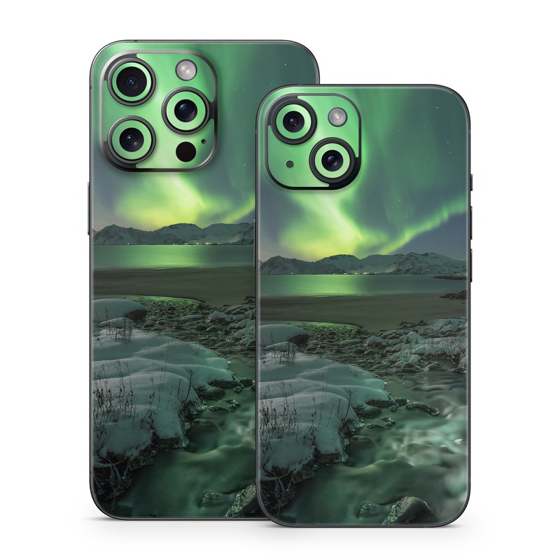 iPhone 15 Series Skin design of Nature, Aurora, Sky, Geological phenomenon, Water, Atmosphere, Space, Landscape, World, Glacier, with white, green, blue, black, gray colors