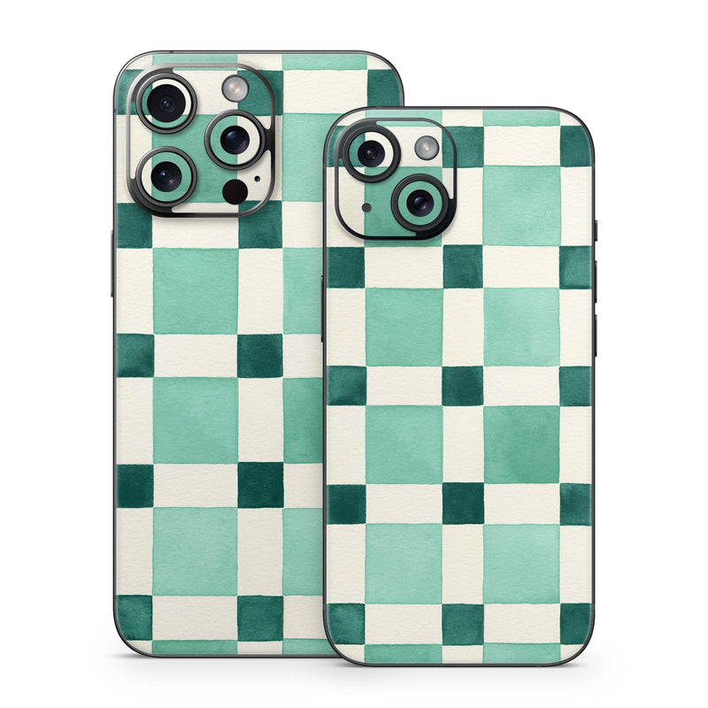 iPhone 15 Series Skin design of Linens, Tile, with white, green colors