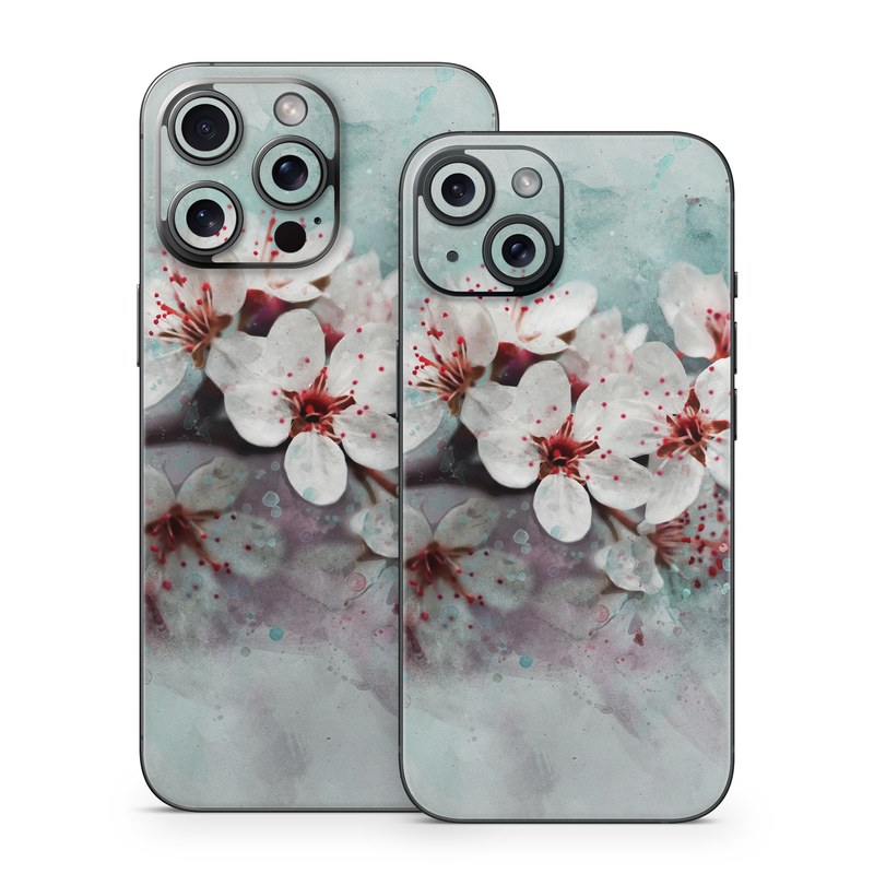 iPhone 15 Series Skin design of Blossom, Flower, Cherry blossom, Watercolor paint, Plant, Spring, Pink, Petal, Branch, Painting, with white, gray, red, pink, purple, blue colors
