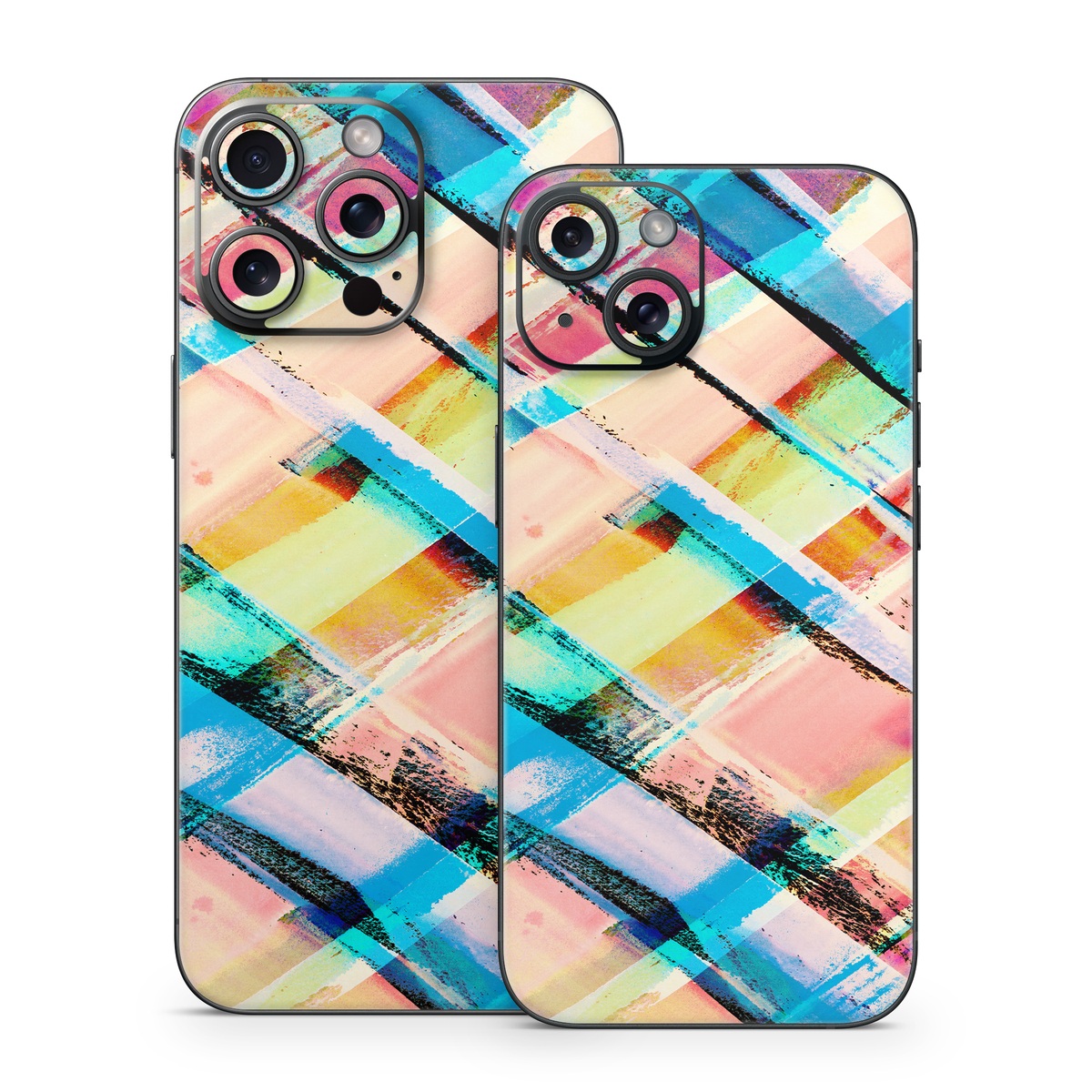 iPhone 15 Series Skin design of Line, Pattern, Turquoise, Plaid, Orange, Colorfulness, Design, Textile, Tints and shades, with blue, pink, red, purple, yellow, orange colors