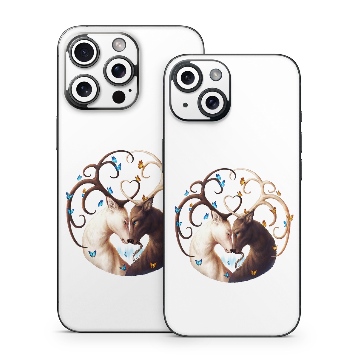 iPhone 15 Series Skin design of Gesture, Fawn, Serveware, Horn, Font, Art, Mythical creature, Dishware, Tail, Drinkware, with white, brown, blue, yellow, orange colors