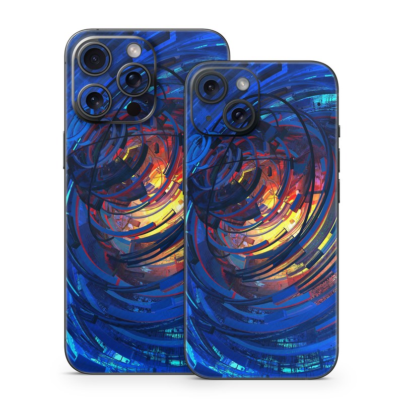 iPhone 15 Series Skin design of Blue, Water, Circle, Vortex, Electric blue, Wave, Liquid, Graphics, Pattern, Colorfulness, with blue, orange, yellow colors