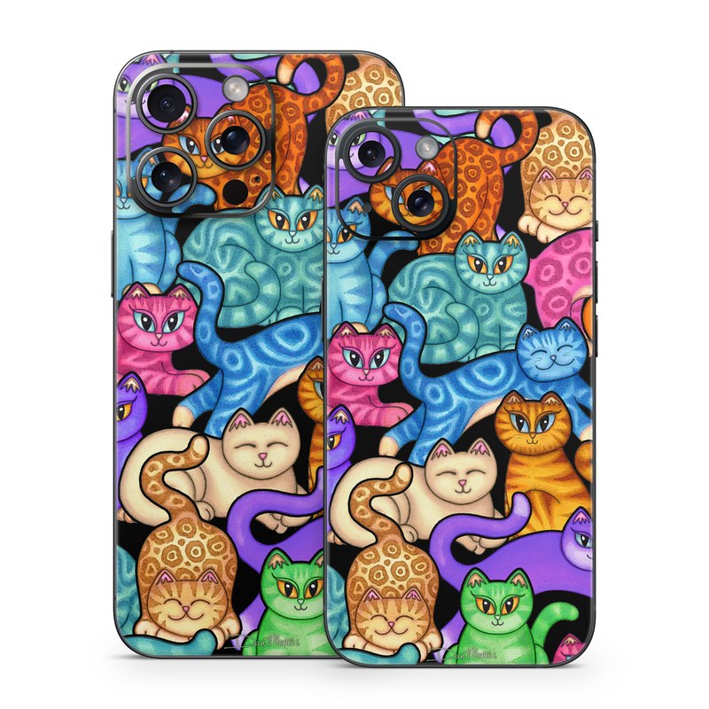 iPhone 15 Series Skin design of Cat, Cartoon, Felidae, Organism, Small to medium-sized cats, Illustration, Animated cartoon, Wildlife, Kitten, Art, with black, blue, red, purple, green, brown colors