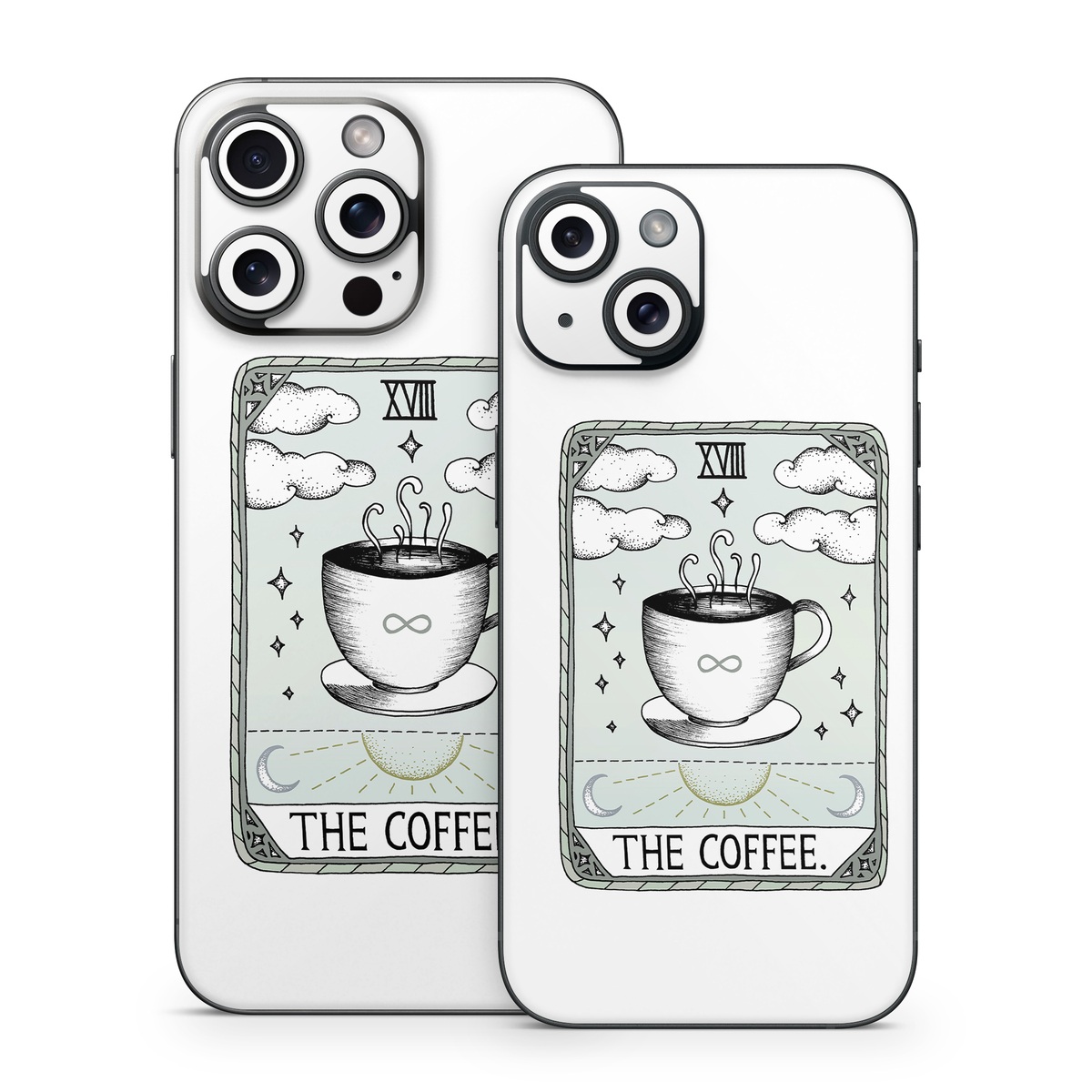 iPhone 15 Series Skin design of Cup, Cartoon, Drinkware, Coffee cup, Tableware, Teacup, Illustration, Drink, Line art, with white, black, green, gray, yellow colors