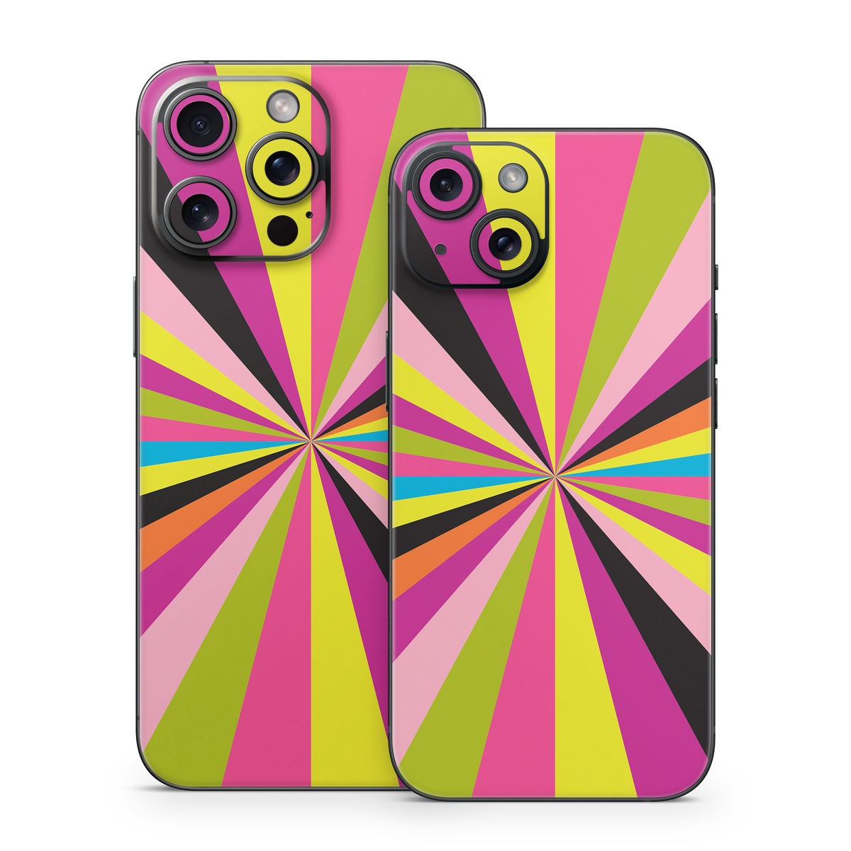 iPhone 15 Series Skin design of Colorfulness, Material property, Magenta, Symmetry, Tints and shades, Creative arts, Pattern, Electric blue, Art, Design, with black, pink, yellow, purple, green, blue, orange colors