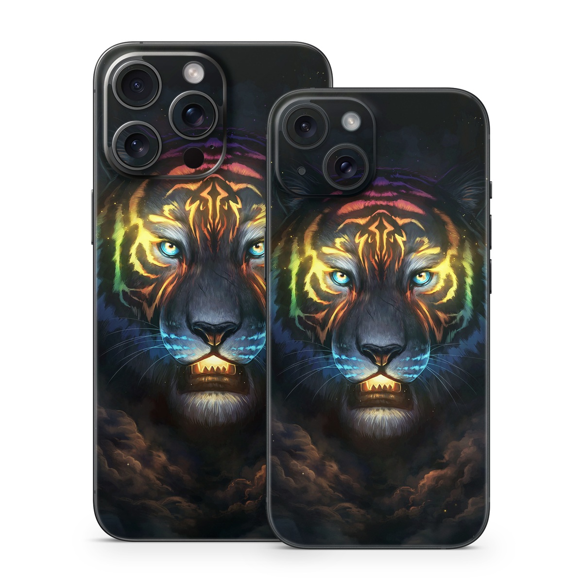 iPhone 15 Series Skin design of Felidae, Vertebrate, Carnivore, Organism, Painting, Roar, Bengal tiger, Big cats, Art, Whiskers, with black, yellow, orange, red, green, purple, blue colors